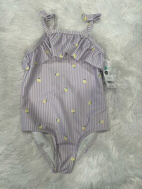Girls Lemon Print Lavender Stripe Ruffle One-Piece Swimsuit